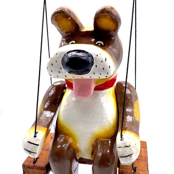 Monkey Business Hand Carved Wood Spring Dog on a Swing - Picture 1 of 3